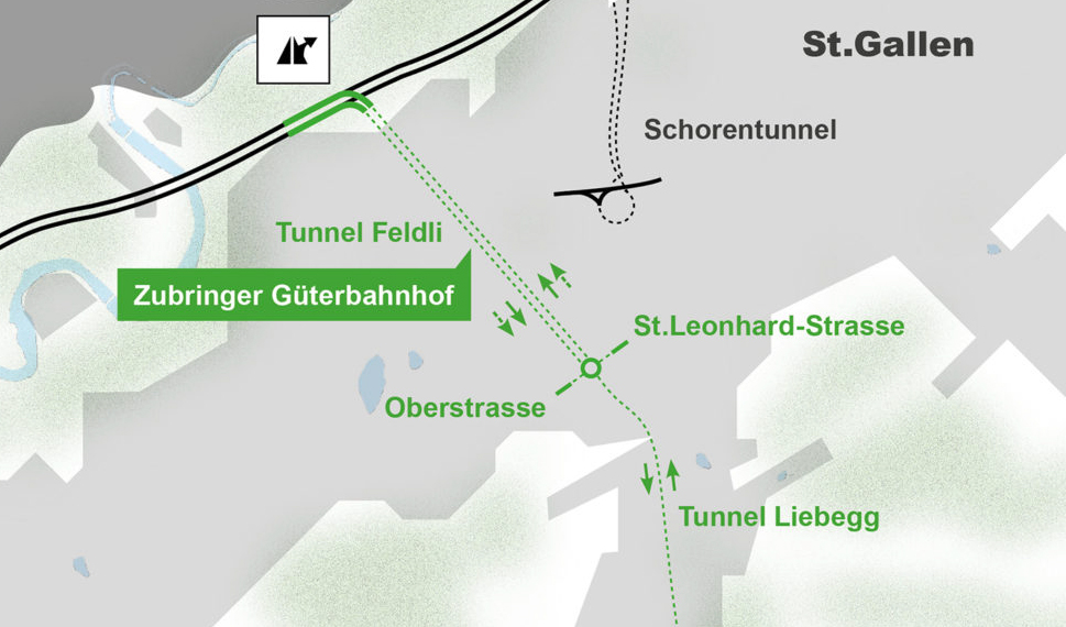 Übersichtsplan Zubringer Güterbahnhof mit Engpassbeseitigung in der Stadt und in Richtung Appenzellerland
