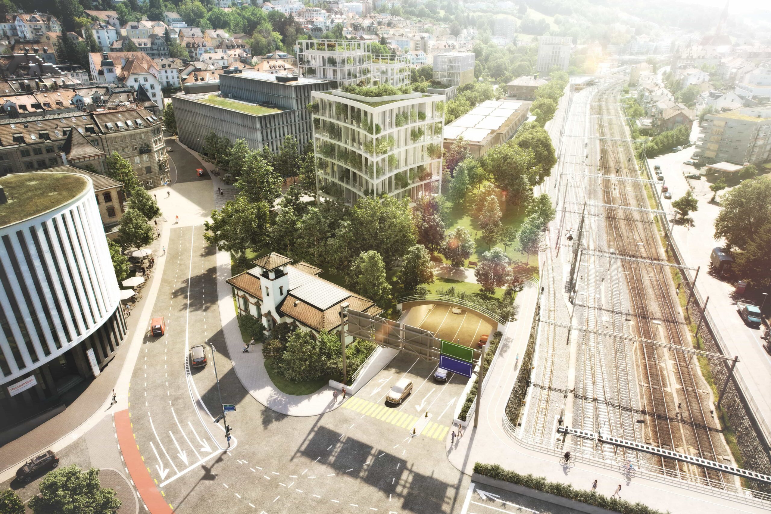 Visualisierung Ausfahrt St.Leonhardsbrücke und verkehrsberuhigte Geltenwilerstrasse im Jahr 2040